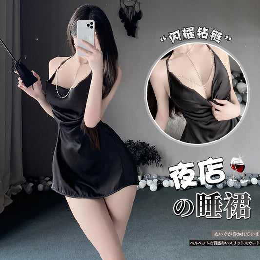 BS8219-性感內衣情趣內衣女性感掛脖亮鑽純欲風露背吊帶裙女睡衣女睡裙