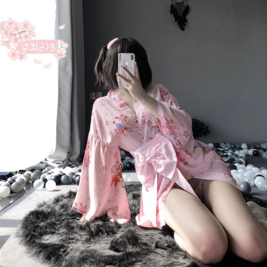 BT1141-情趣內衣女式性感粉色日系印花和服浴袍女套裝